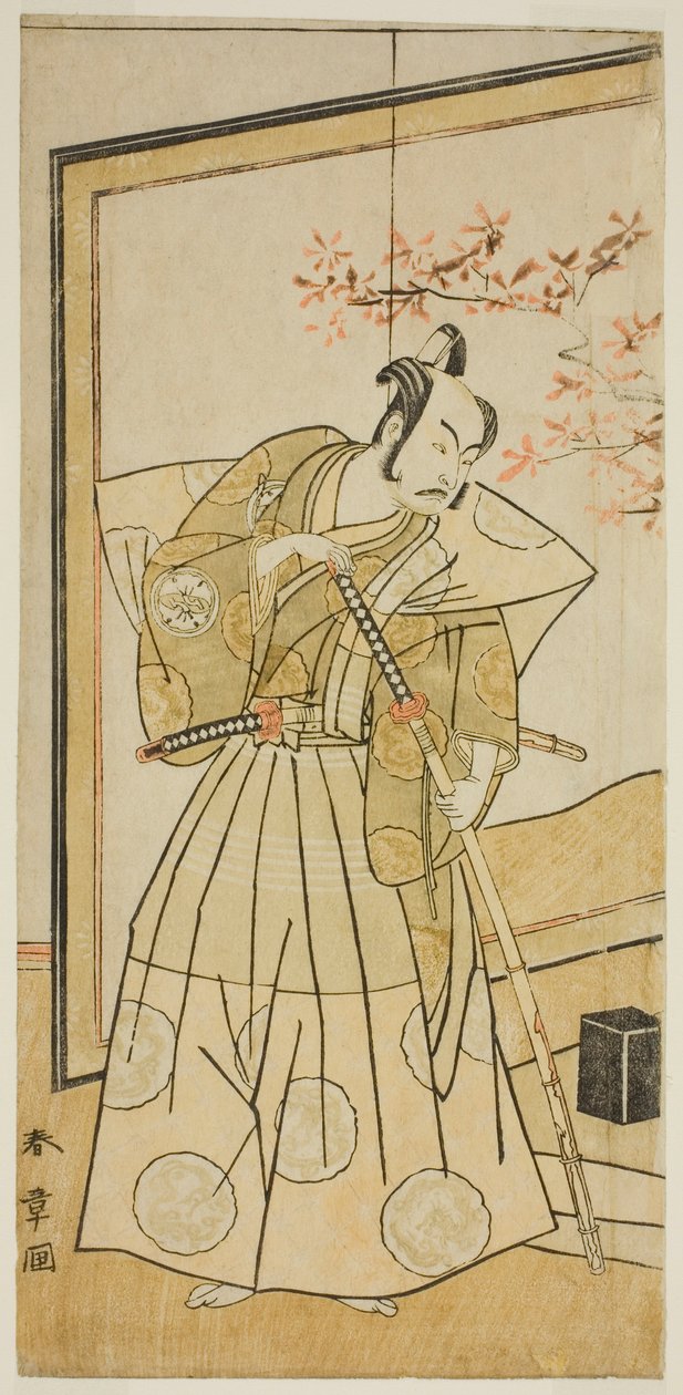 El actor Nakamura Juzo II como Akita Jonosuke en la obra Onna Aruji Hatsuyuki no Sekai, representada en el Teatro Morita en el undécimo mes, 1773 de Katsukawa Shunsho