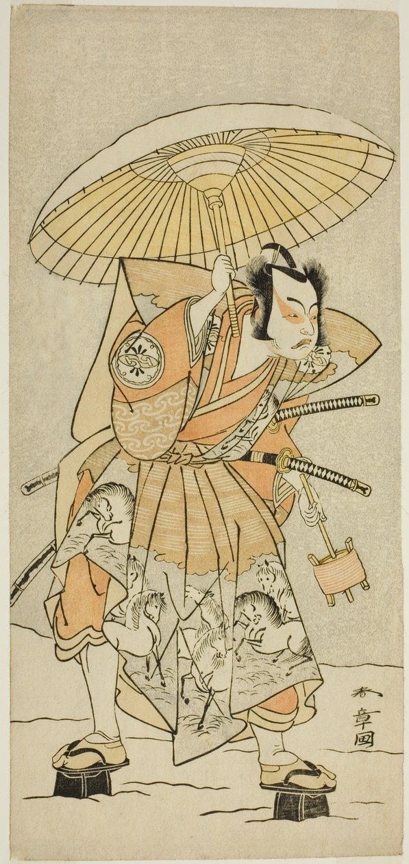 El actor Nakamura Juzo II como Kajiwara Genta Kagetoki en la obra Izu-goyomi Shibai no Ganjitsu, representada en el Teatro Morita en el undécimo mes, 1772 de Katsukawa Shunsho