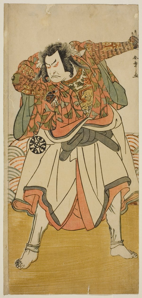El actor Nakamura Nakazo I como Chinzei Hachiro Tametomo disfrazado de monje ascético, en la obra Kitekaeru Nishiki no Wakayaka, representada en el Teatro Nakamura en el undécimo mes, 1780 de Katsukawa Shunsho