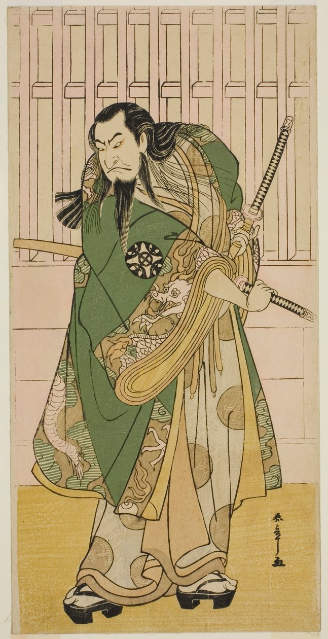 El actor Nakamura Nakazo I como Hige no Ikyu en la obra Nanakusa Yosooi Soga, representada en el Teatro Nakamura en el quinto mes de 1782 de Katsukawa Shunsho
