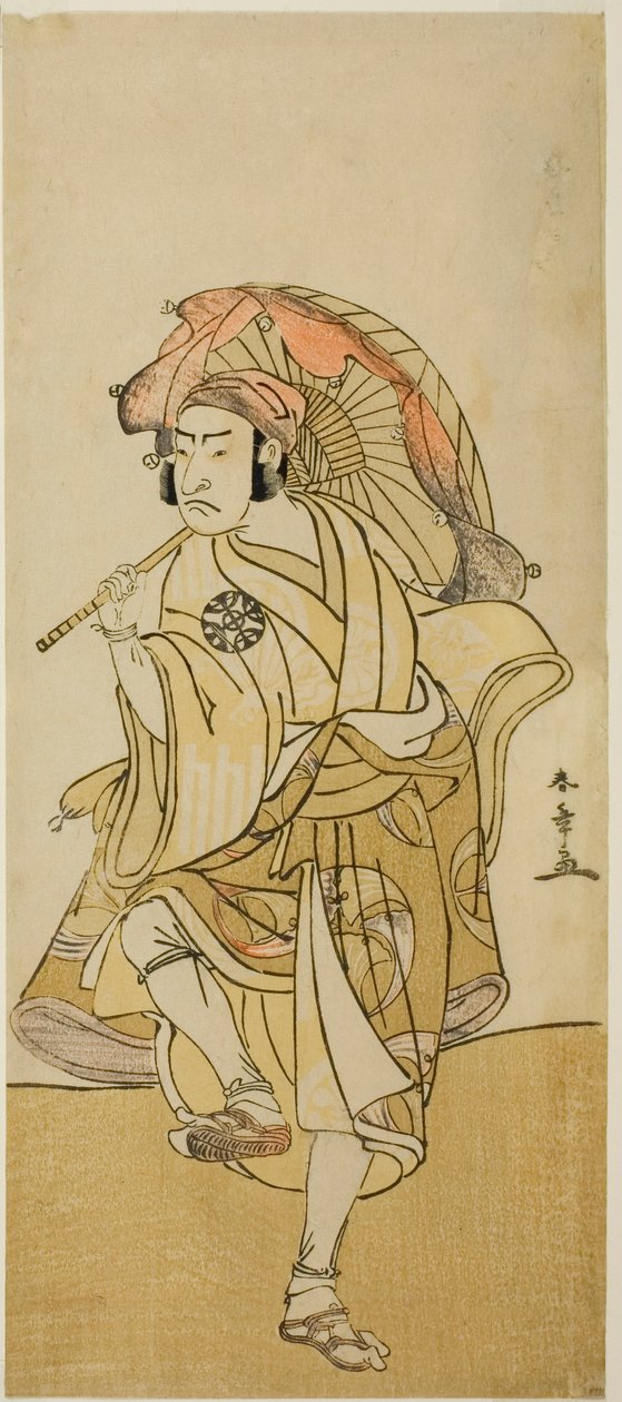 El actor Nakamura Nakazo I como Onmaya Kisanda disfrazado de Kakubei el bailarín de leones en la obra Chigo Torii Tobiiri Kitsune, representada en el Teatro Ichimura en el undécimo mes, 1777 de Katsukawa Shunsho