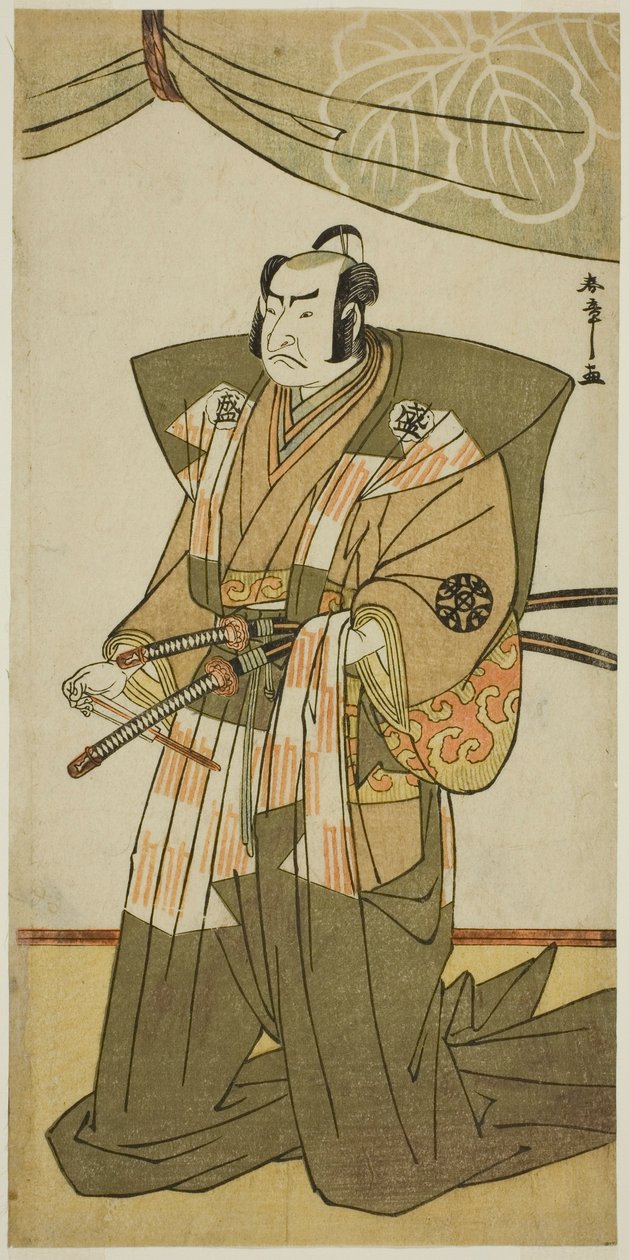El actor Nakamura Nakazo I como Saito Sanemori en la obra Kitekaeru Nishiki no Wakayaka, representada en el Teatro Nakamura en el undécimo mes, 1780 de Katsukawa Shunsho
