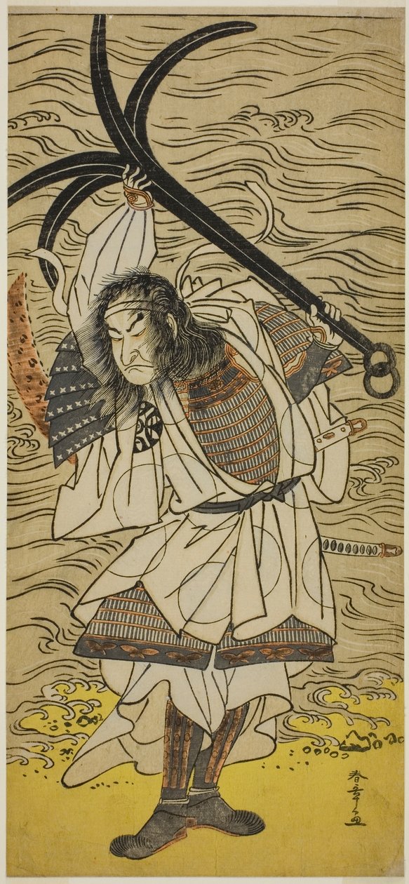 El actor Nakamura Nakazo I como Taira no Tomomori disfrazado de Tokaiya Gimpei, en la obra Yoshitsune Sembon-zakura, representada en el Teatro Morita en el cuarto mes de 1777 de Katsukawa Shunsho