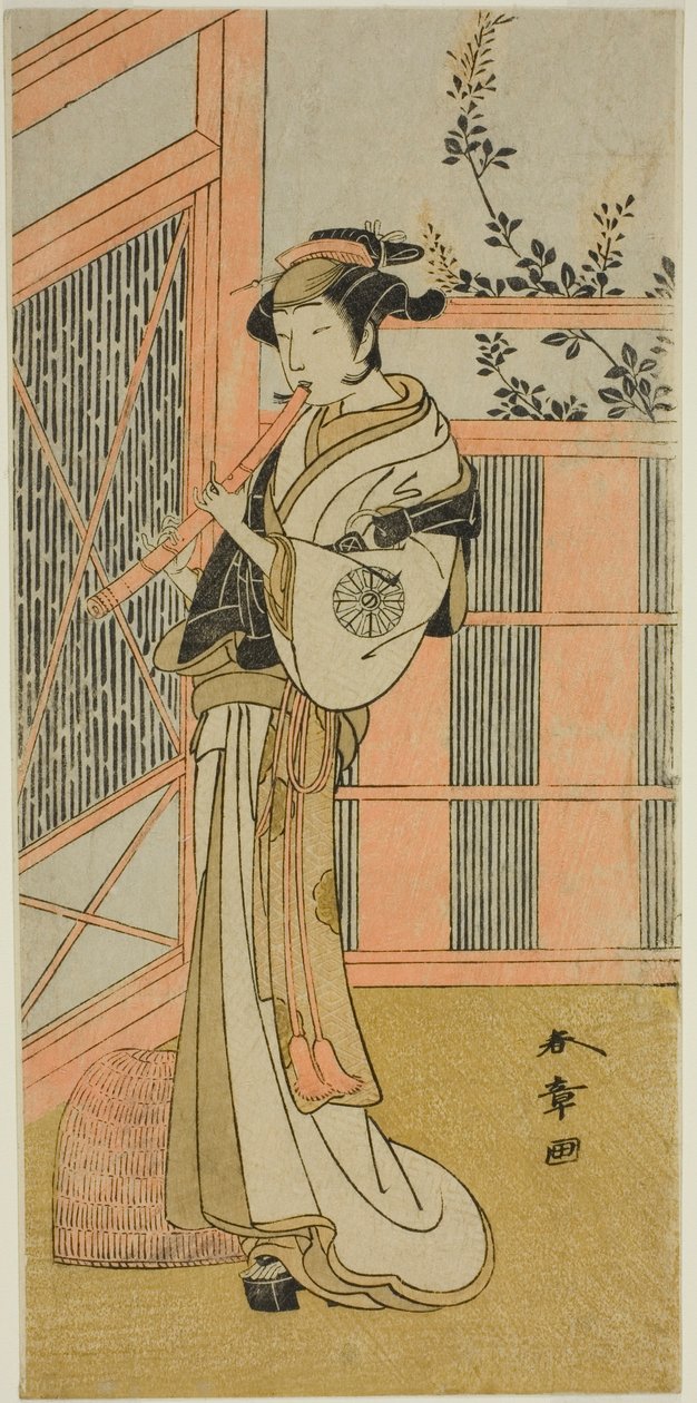 El actor Nakamura Noshio I como Misao disfrazado de Komuso en la obra Kosode-gura no Tekubari, representada en el Teatro Morita en el segundo mes, 1772 (?) de Katsukawa Shunsho