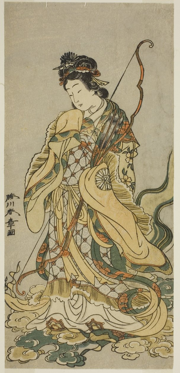El actor Nakamura Noshio I como la diosa Benzaiten de Enoshima en la obra Onno Aruji Hatsuyuki no Sekai, representada en el Teatro Morita en el undécimo mes, c.1773 (xilografía en color; hosoban) de Katsukawa Shunsho