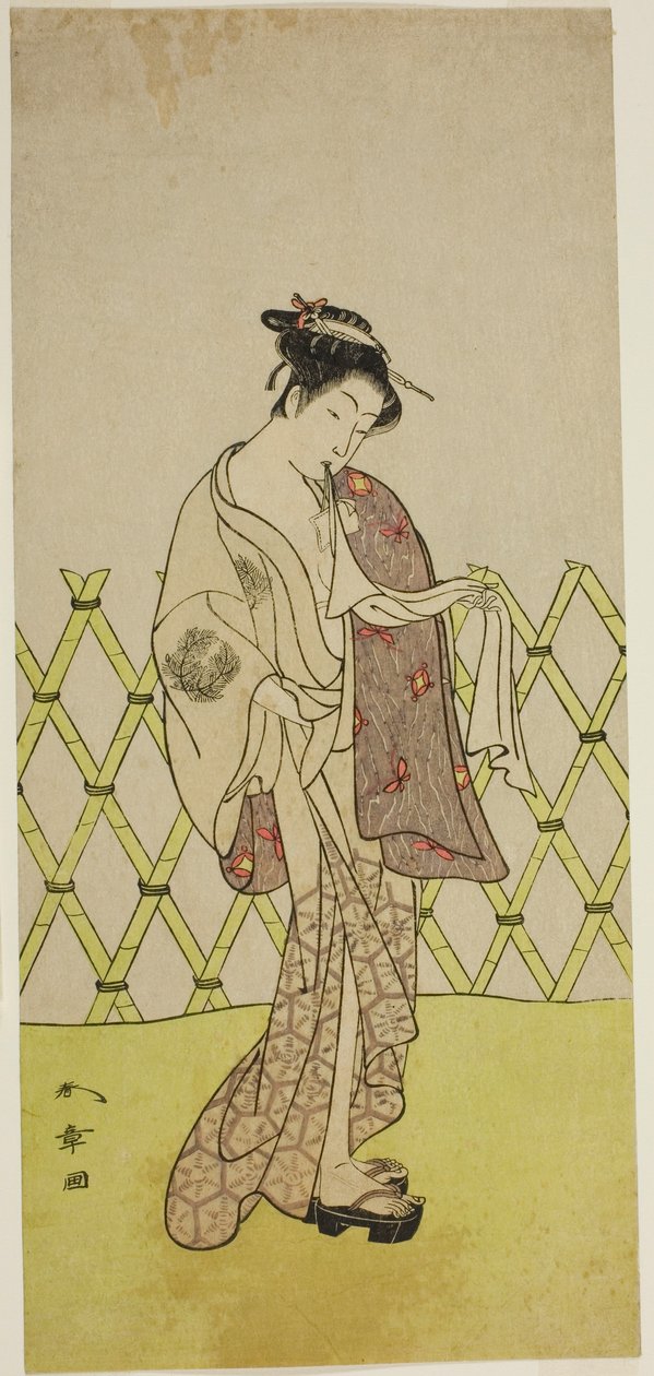 El actor Nakamura Riko I como Hakata no Kojoro (?) en la obra Shitenno-ji Nobori Kuyo, representada en el Teatro Ichimura en el octavo mes de 1773 de Katsukawa Shunsho