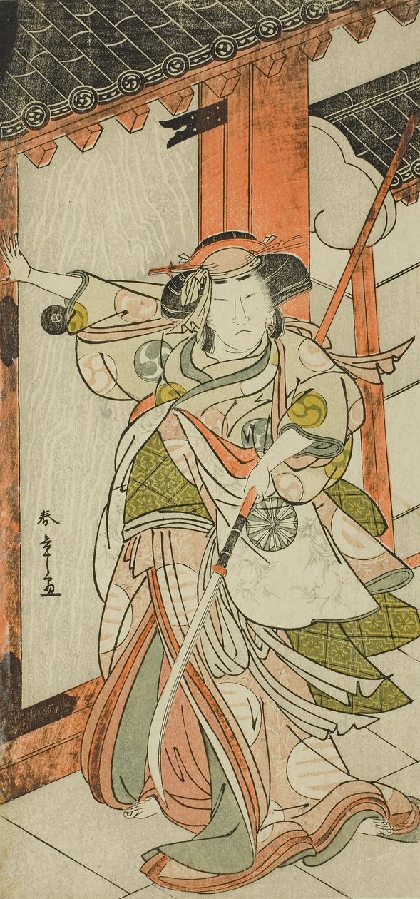 El actor Nakamura Tomijuro I como Hangaku Gozen derribando la puerta en la obra Wada-gassen Onna Maizuru (El conflicto de Wada: el maizuru de una mujer), representada en el Teatro Nakamura a partir del vigésimo quinto día del séptimo mes de Katsukawa Shunsho