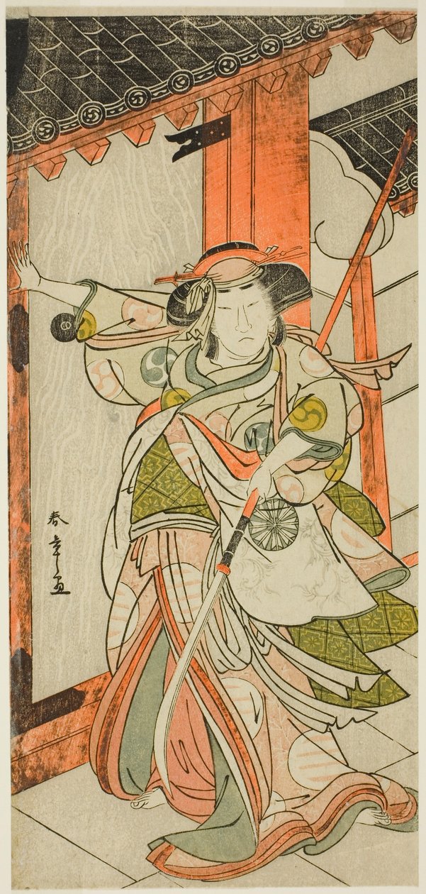 El actor Nakamura Tomijuro I como Hangaku Gozen derribando la puerta en la obra Wada-gassen Onna Maizuru (El conflicto de Wada: "Maizuru" de una mujer), representada en el Teatro Nakamura a partir del vigésimo quinto día del séptimo mes de 1777. de Katsukawa Shunsho