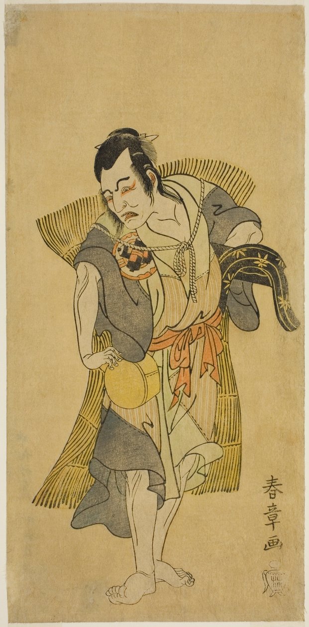 El actor Nakamura Utaemon I como Kudo Suketsune disfrazado de mendigo en la obra Soga Moyo Aigo no Wakamatsu, representada en el Teatro Nakamura en el primer mes de 1769 de Katsukawa Shunsho