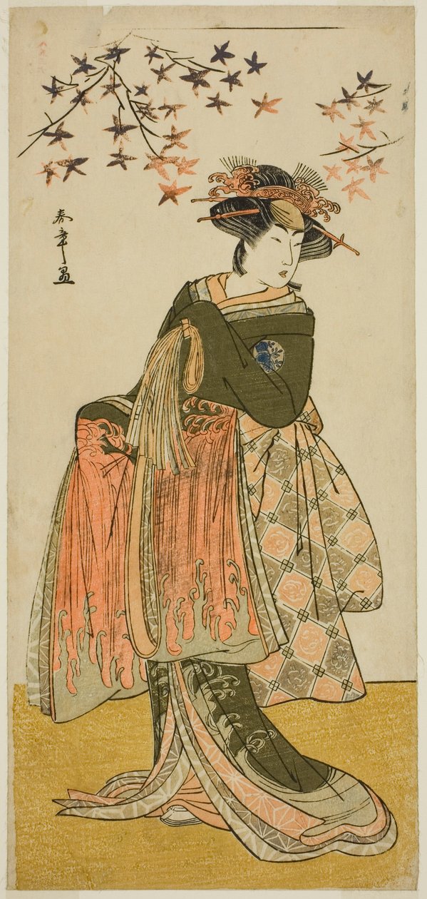 El actor Nakayama Tomisaburo I como la geisha Yukino (¿o Oyuki?) en la obra Kabuki no Hana Bandai Soga, representada en el Teatro Ichimura en el cuarto mes de 1781 de Katsukawa Shunsho