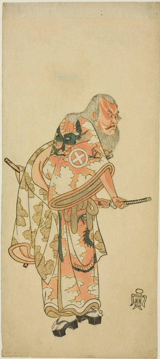 El actor Otani Hiroemon III como Hige no Ikyu en la escena "Sukeroku" de la obra "Hitokidori Harutsuge Soga" ("La obra Soga: Anuncio de la temporada de primavera por el ruiseñor") de Katsukawa Shunsho