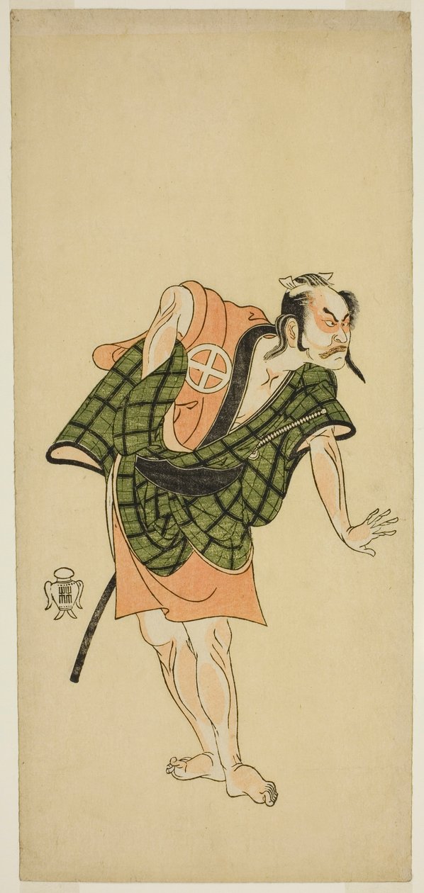 El actor Otani Hiroji III como Onio Shinzaemon (?) en la obra Bunshin Sugatami Soga (?), representada en el Teatro Morita (?) en el segundo mes, 1765 (?) de Katsukawa Shunsho