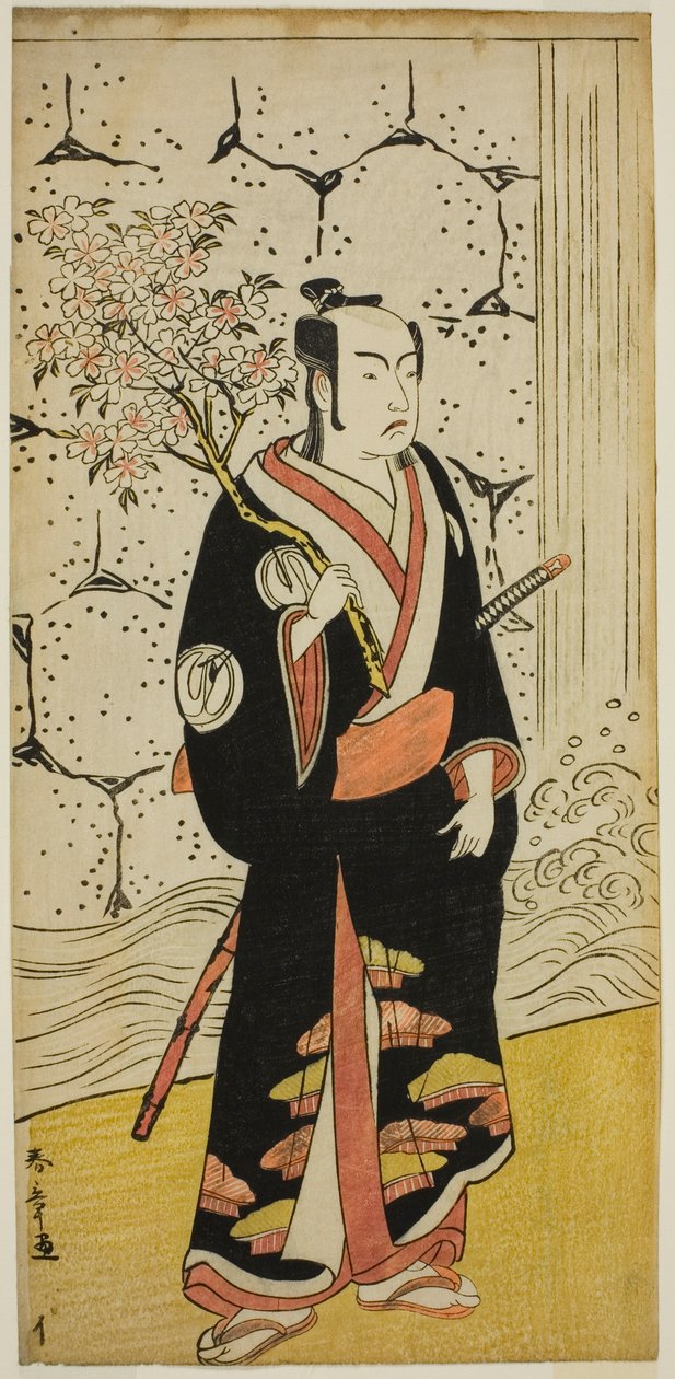 El actor Sawamura Sojuro III como Sonobe Zaemon en la obra "Shin Usuyuki Monogatari," representada en el Teatro Ichimura en el octavo mes de 1779 de Katsukawa Shunsho