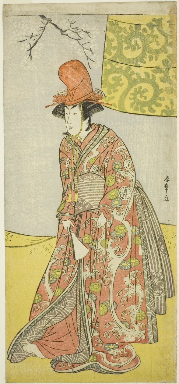 El actor Segawa Kikunojo III (?) o Segawa Otome (?) como una bailarina Shirabyoshi en Musume Dojo-ji, en la obra Edo no Hana Mimasu Soga (?) o Buke no Hana Musume no Adauchi (?), realizada en el Teatro Nakamura (?) en el cuarto mes, 1783 (?) de Katsukawa Shunsho
