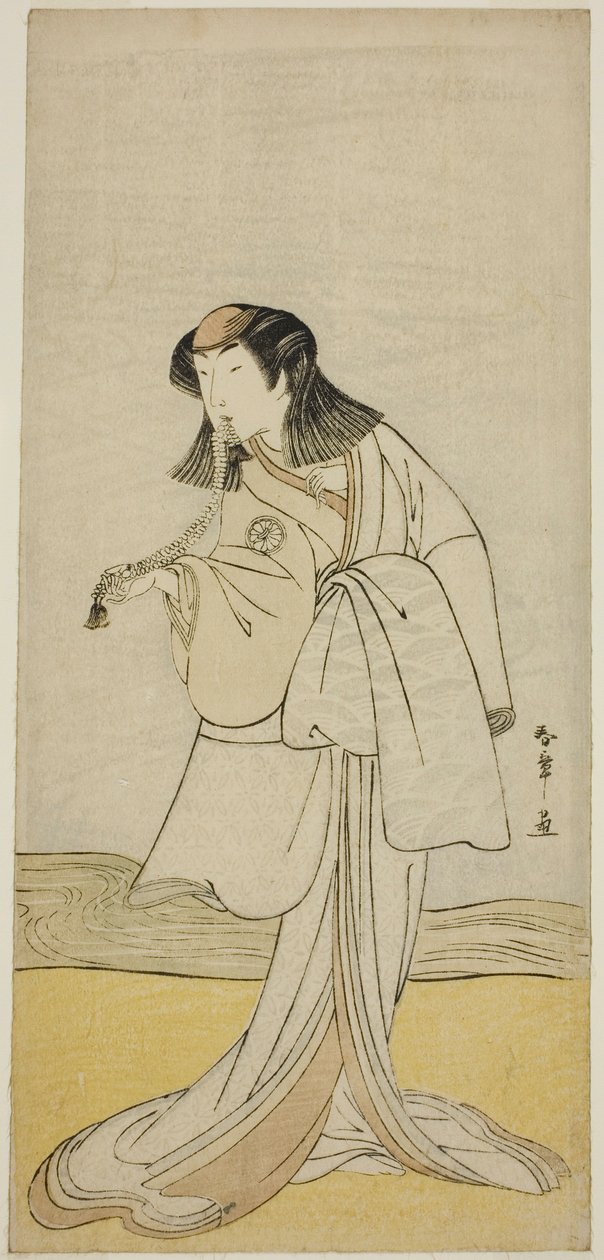 El actor Segawa Kikunojo III como Miura no Katagai disfrazado de la monja Narukami, en la obra Ume-goyomi Akebono Soga, representada en el Teatro Ichimura en el segundo mes, 1780 de Katsukawa Shunsho