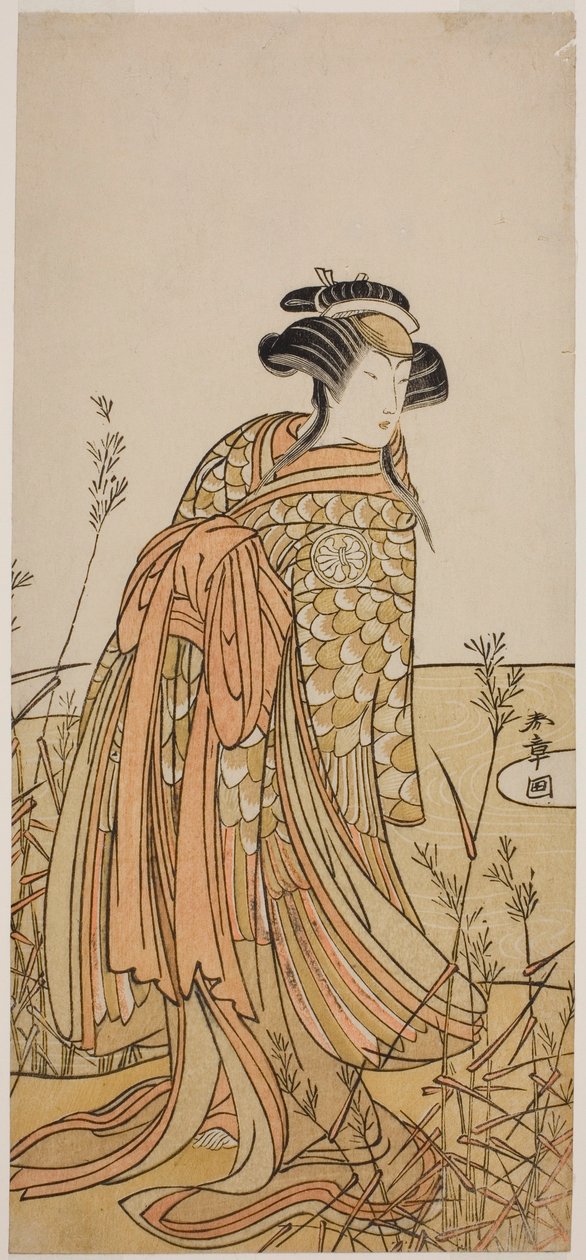 El actor Segawa Kikunojo III como espíritu de un pato mandarín (Oshidori) disfrazado de Tagasode, en la obra Hana-zumo Genji Hiiki, representada en el Teatro Nakamura en el undécimo mes, 1775 de Katsukawa Shunsho