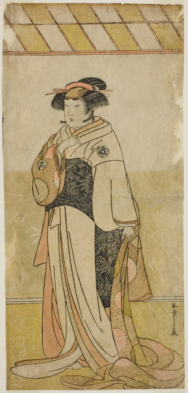 El actor Yamashita Kinsaku II como Lady Manko en la obra Hatsumombi Kuruwa Soga, representada en el Teatro Nakamura en el primer mes de 1780 de Katsukawa Shunsho