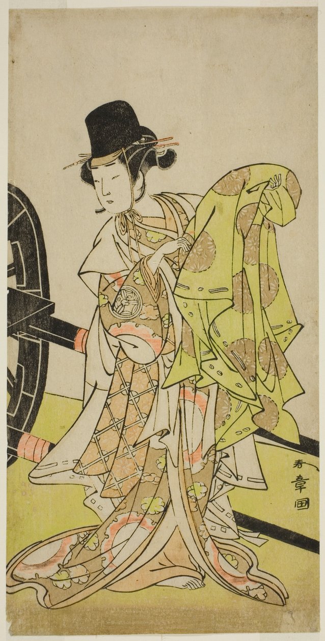 El actor Yamashita Kinsaku II como Tsukimasu, actuando como Sakura-maru, en la obra Miya-bashira Iwao no Butai, representada en el Teatro Morita en el séptimo mes de 1773 de Katsukawa Shunsho