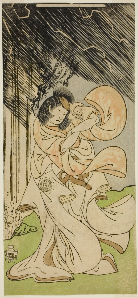 El actor Yamashita Kinsaku II como una diosa del trueno en la obra Onna Narukami, representada en el Teatro Morita en el primer mes de 1770 de Katsukawa Shunsho