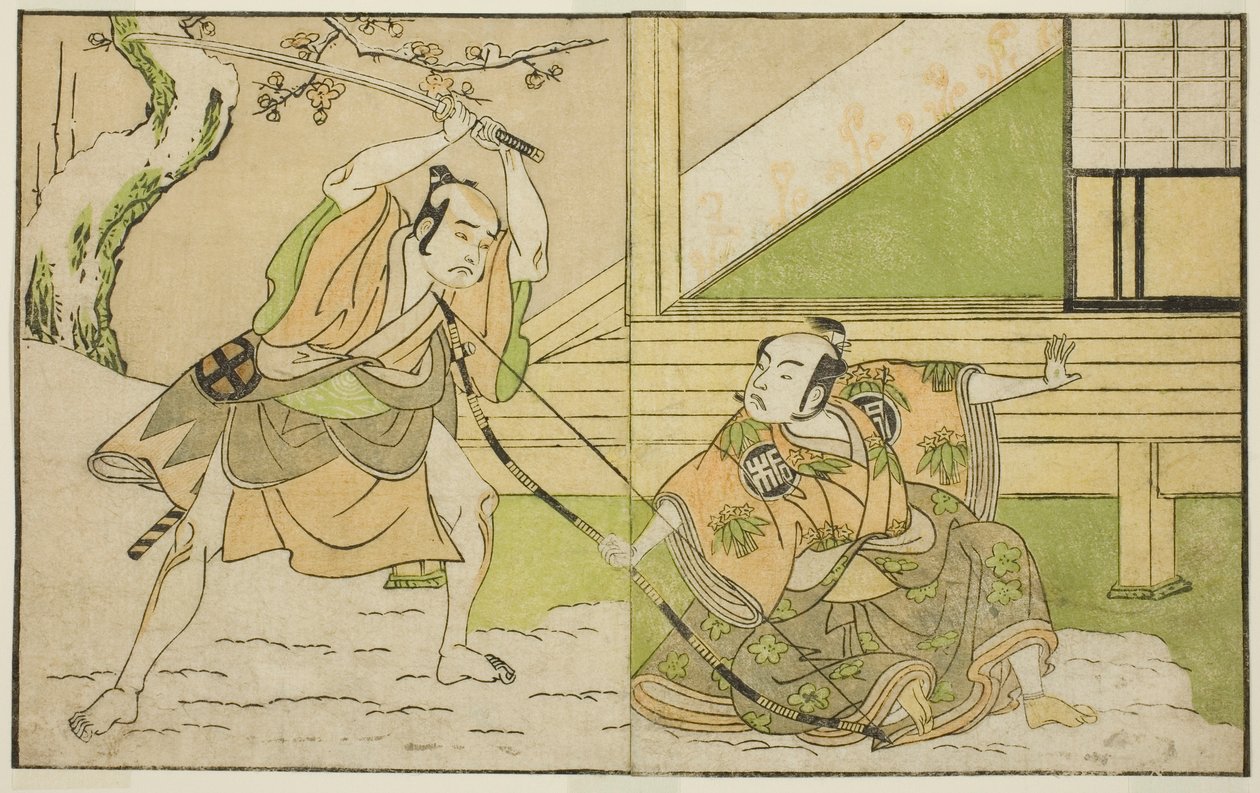 Los actores Arashi Sangoro II como Hojo Tokiyori (derecha) y Otani Hiroji III como Koga Saburo (izquierda), en la obra Kono Hana Yotsugi no Hachi no Ki, representada en el Teatro Ichimura en el undécimo mes, 1771 de Katsukawa Shunsho