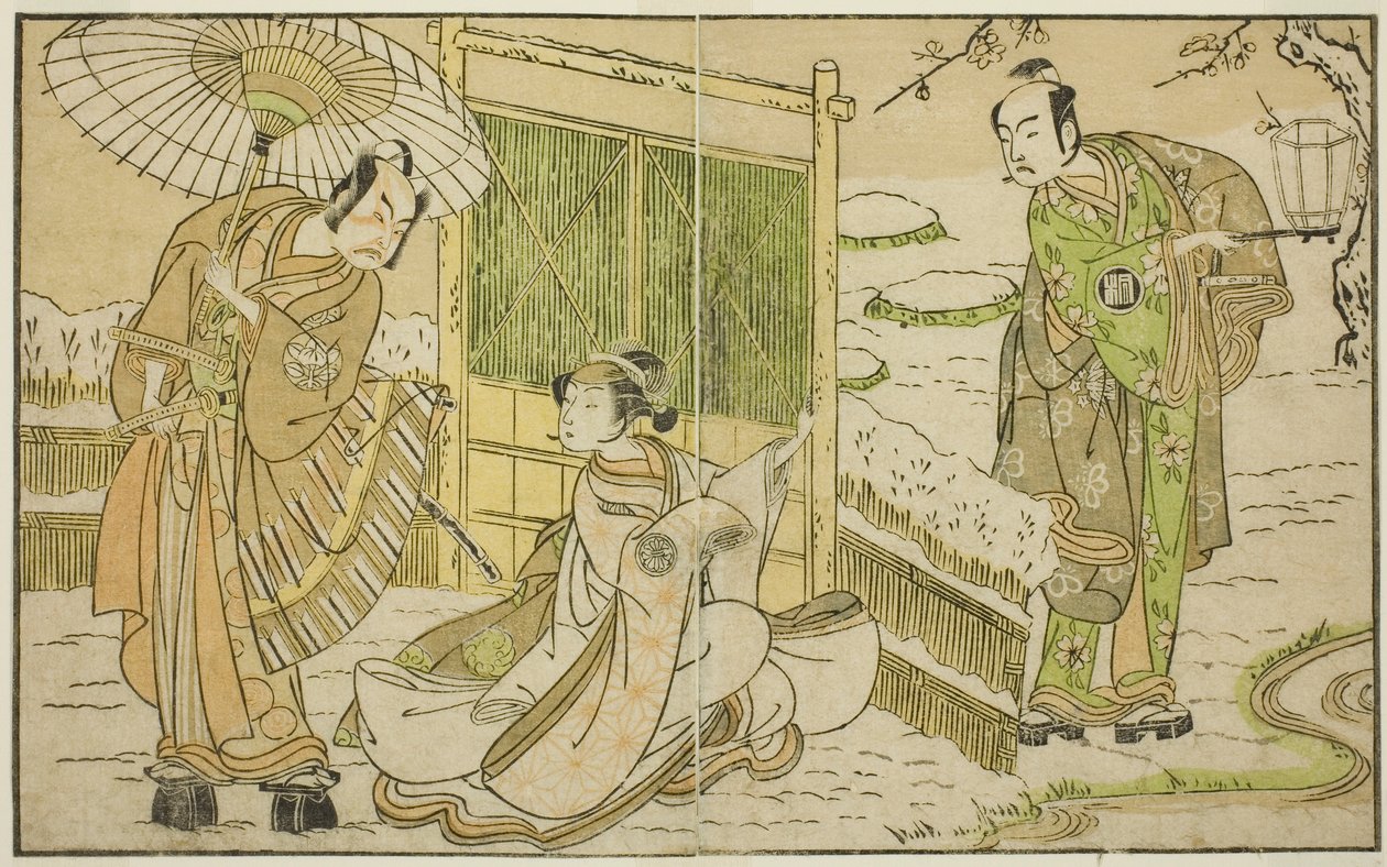Los actores Arashi Sangoro II como Minamoto no Yoritomo (derecha), Segawa Kikunojo II como Yuki Onna (centro), e Ichimura Uzaemon IX como Kajiwara Genta no Kagetoki, en la obra Myoto-giku Izu no Kisewata, representada en el Teatro Ichimura en el undécimo m de Katsukawa Shunsho