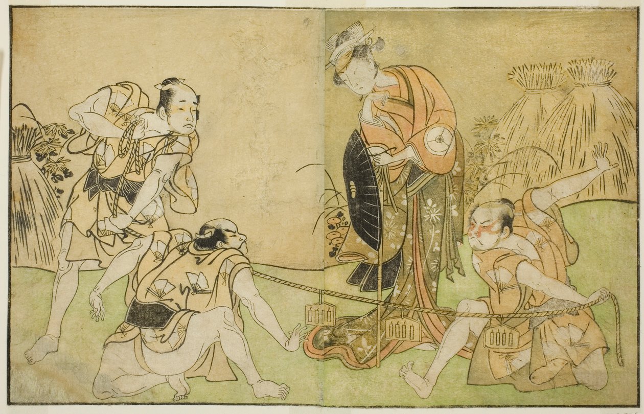Los actores Bando Zenji I como Nagahashi Saburo, Iwai Hanshiro IV como Otatsu-gitsune, Nakamura Konozo como Hagai Ujitsune y un actor no identificado (de derecha a izquierda), en la obra Nue no Mori Ichiyo no Mato, representada en el Teatro Nakamura en el  de Katsukawa Shunsho