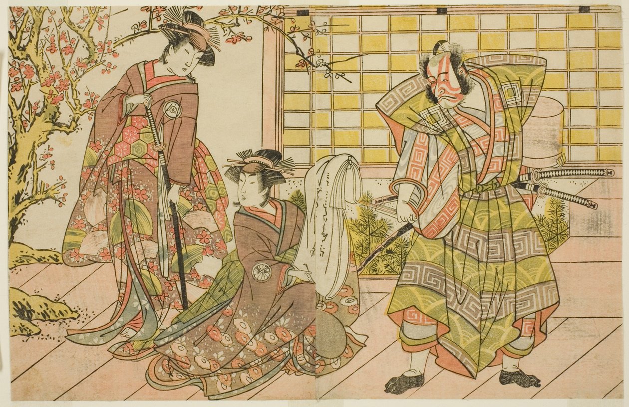 Los Actores Ichikawa Danjuro V como Miura Kunitae (derecha), Segawa Kikunojo III como Yasukata (centro), e Iwai Hanshiro IV como Utou (izquierda), en la Obra Godai Genji Mitsugi no Furisode, Representada en el Teatro Nakamura en el Undécimo Mes, 1782 de Katsukawa Shunsho