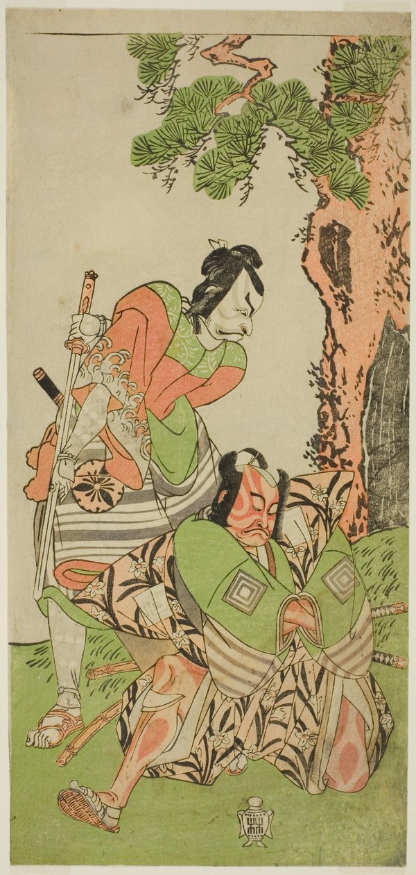 Los actores Ichikawa Danzo III como I no Hayata Tadazumi (derecha), y Matsumoto Koshiro II como Osada no Taro Kagemune disfrazado de Yatsurugi Zaemon (izquierda), en la obra Nue no Mori Ichiyo no Mato, representada en el Teatro Nakamura en el undécimo mes, de Katsukawa Shunsho