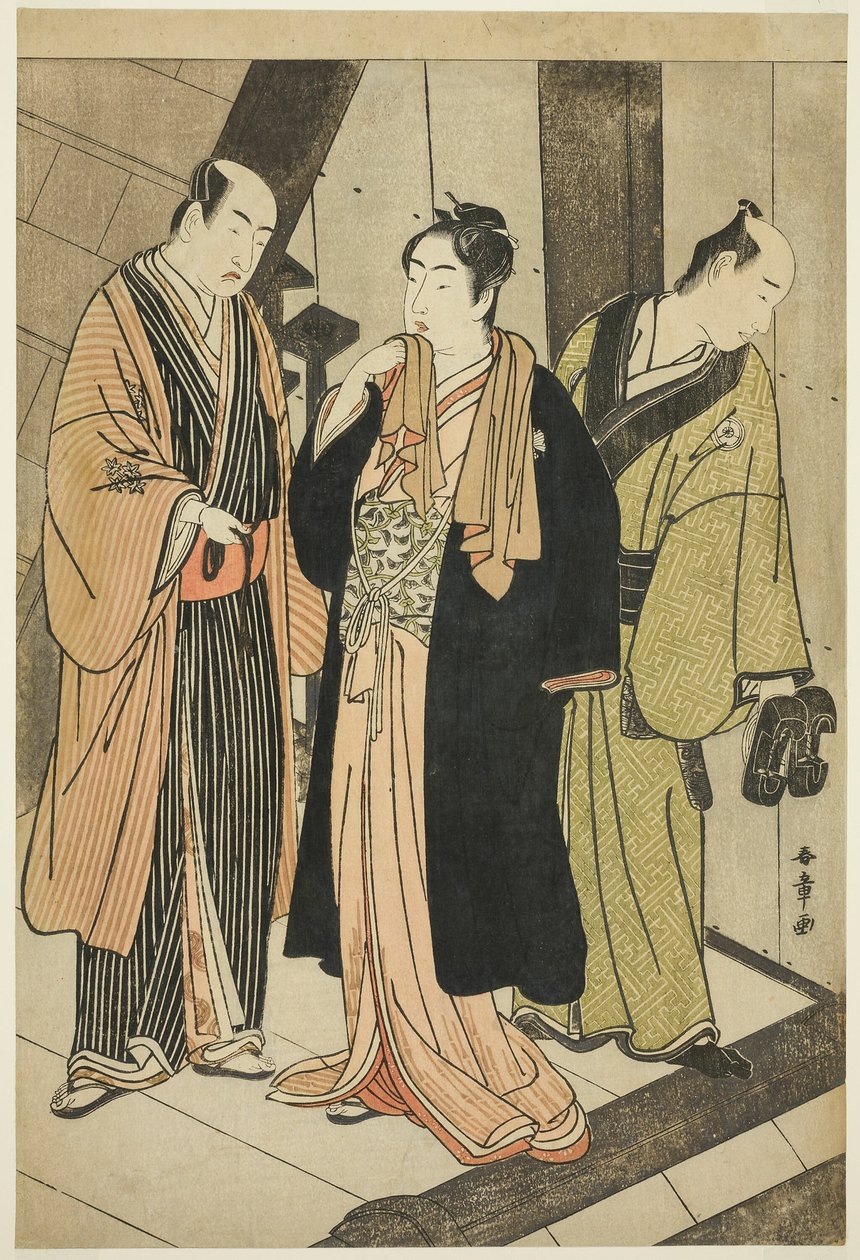 Los actores Ichikawa Monnosuke II (izquierda), Iwai Hanshiro IV (centro), e Iwai Karumo (?) (derecha), en un desembarco tras bastidores de Katsukawa Shunsho