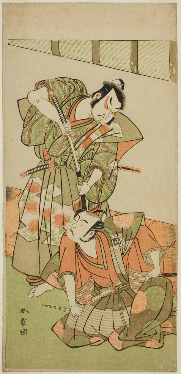 Los actores Ichikawa Yaozo II como Konoshita Hyokichi (?) (derecha), y Sakata Hangoro II como Matsunaga Daizen Hisahide (?) (izquierda), en la obra Gion Sairei Shinko Ki (?), representada en el Teatro Ichimura (?) en el quinto mes de 1775 (?) de Katsukawa Shunsho