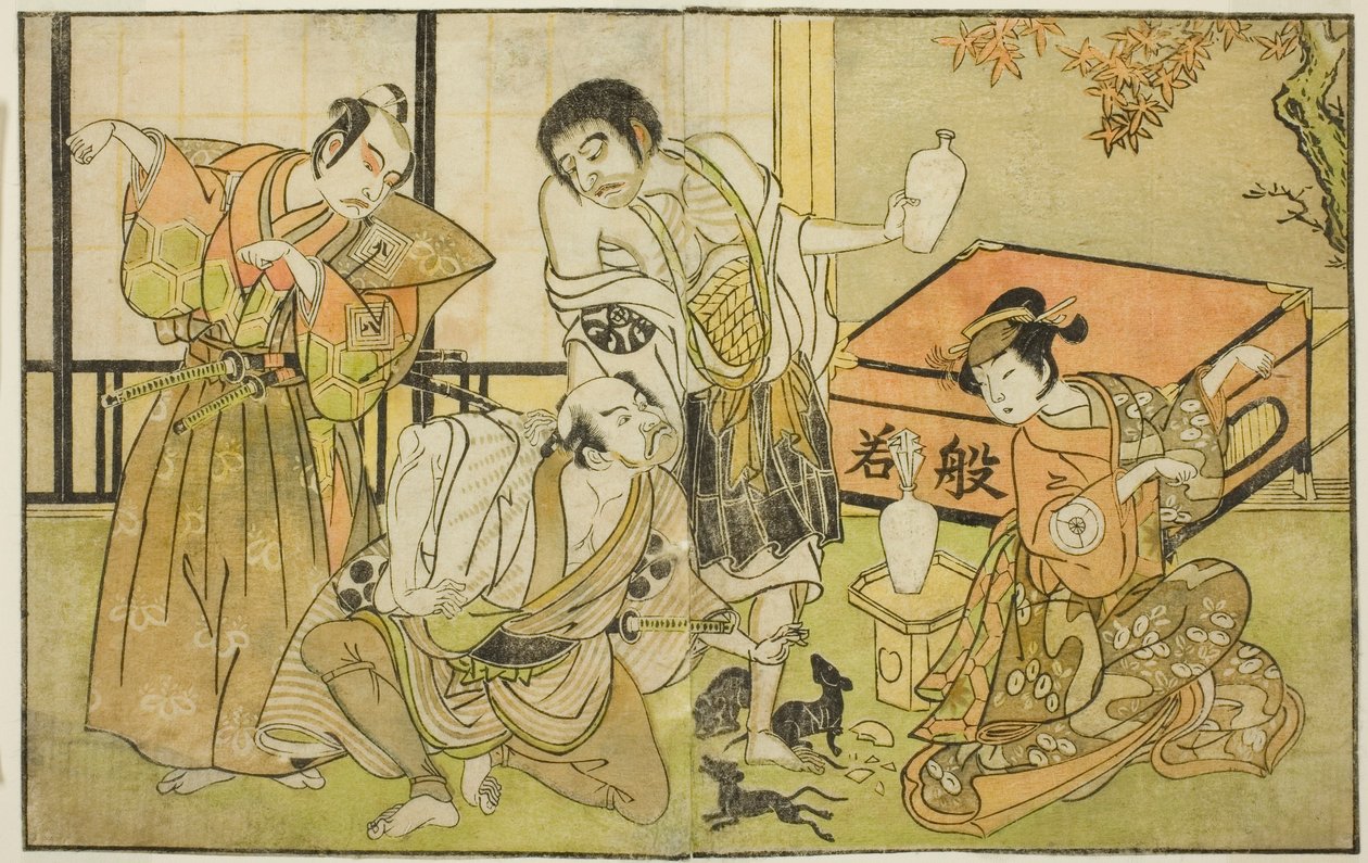 Los actores Iwai Hanshiro IV como Otatsu-gitsune, Nakamura Nakazo I como Raigo Ajari, Sakata Tojuro III como Kamada Gon-no-kami Masayori, e Ichikawa Yaozo II como Sakon-gitsune (de derecha a izquierda), en la obra "Nue no Mori Ichiyo no Mato," presentada e de Katsukawa Shunsho