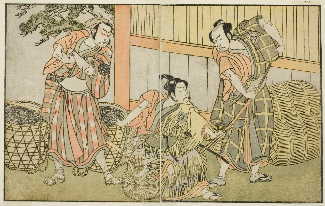 Los actores Kasaya Matakuro II como Hagun Taro (derecha), Ichikawa Monnosuke II como Izutsu no Suke Narihira (centro), y Nakamura Nakazo I como Kose no Kanaoka disfrazado de Sogoro el fabricante de carbón, en la obra Kuni no Hana Ono no Itsumoji, represent de Katsukawa Shunsho