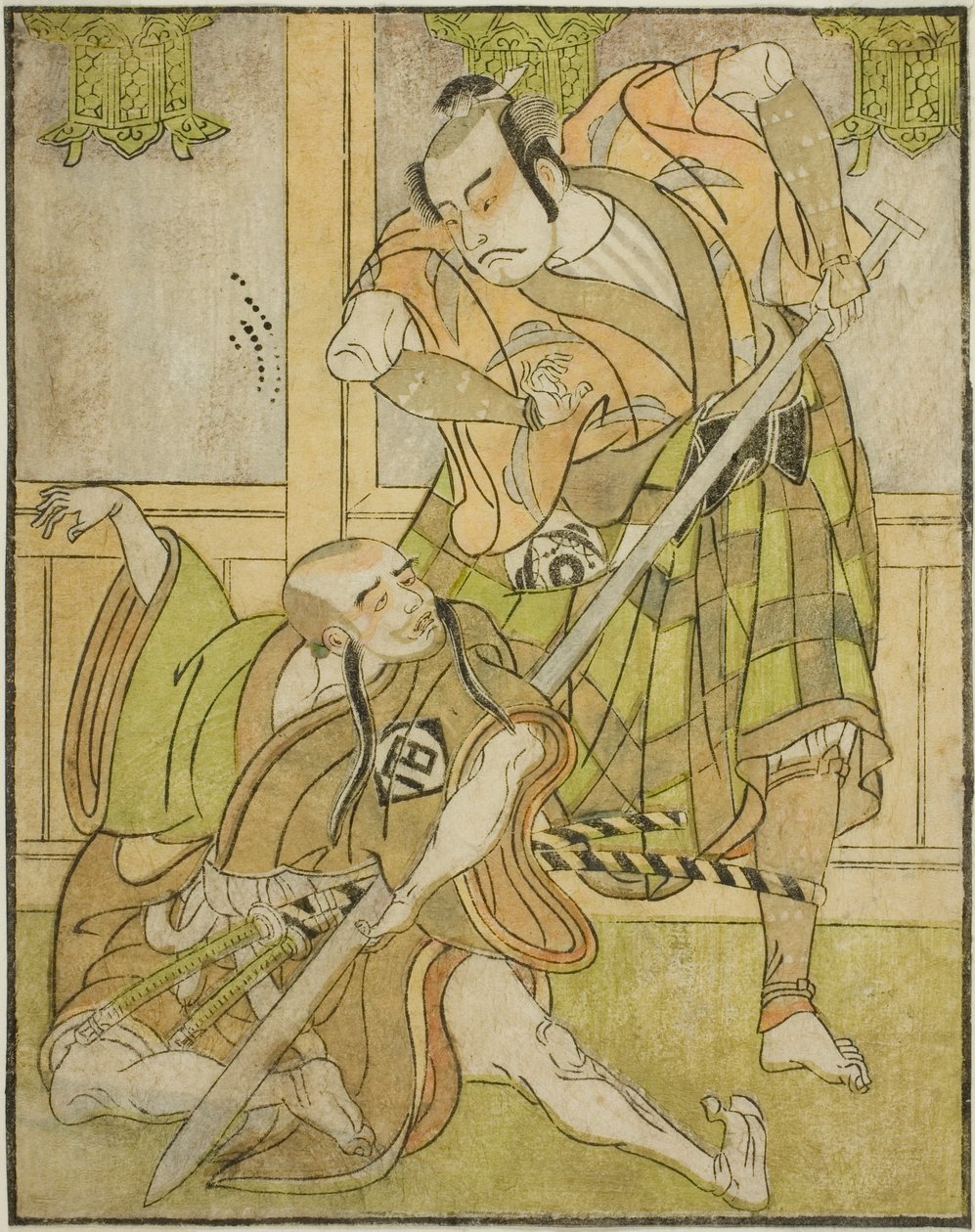 Los Actores Kasaya Matakuro II como Nobuyori Disfrazado de Yakko Gunnai (derecha), y Miyazaki Hachizo como el Monje Laico Hambyo Nyudo (izquierda), en la Obra Nue no Mori Ichiyo no Mato, Representada en el Teatro Nakamura en el Mes Once, 1770 de Katsukawa Shunsho