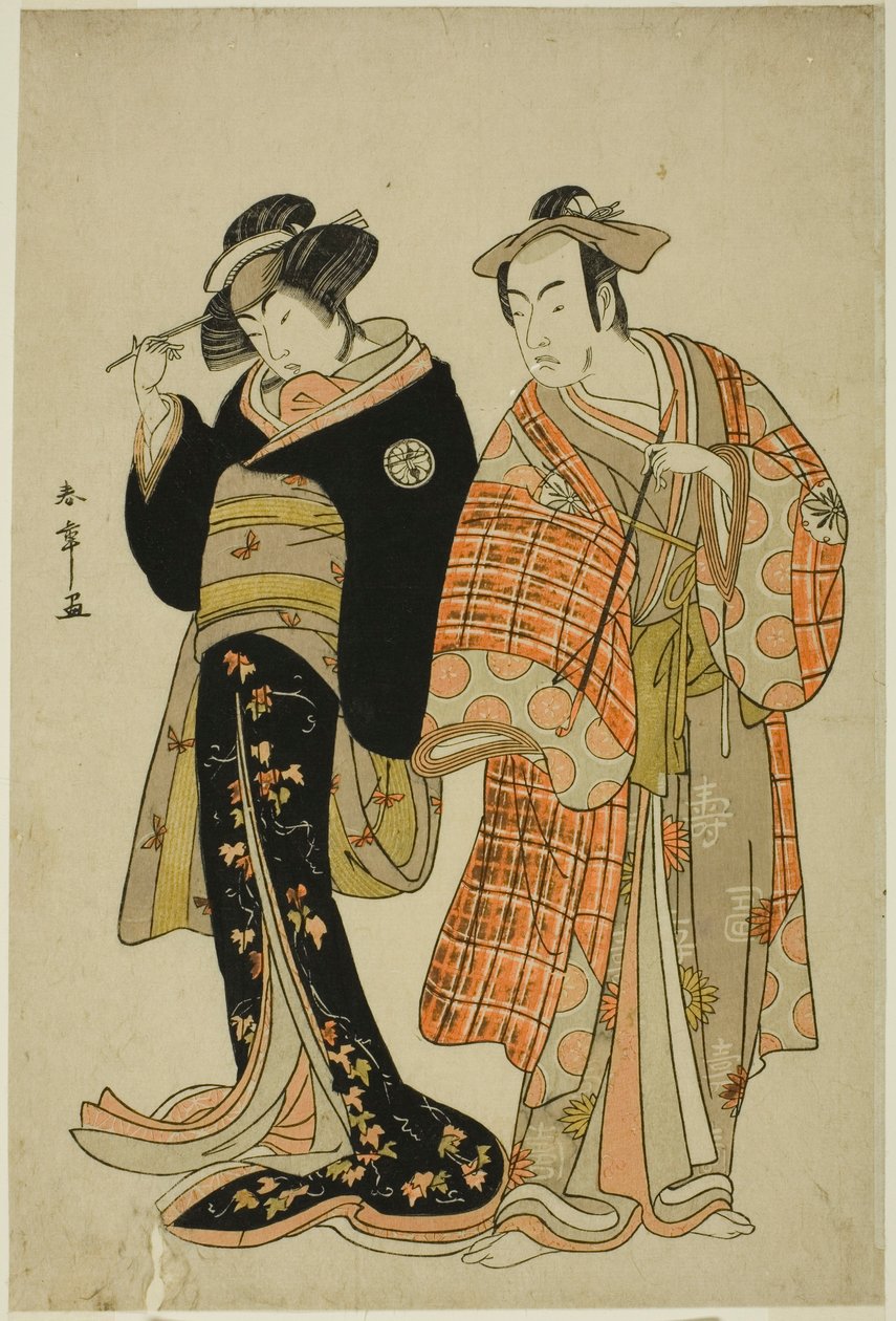 Los actores Matsumoto Koshiro IV y Segawa Kikunojo III como los amantes Choemon (derecha) y Ohan (izquierda), en la escena de fuga "Michiyuki Segawa no Adanami" de Katsukawa Shunsho