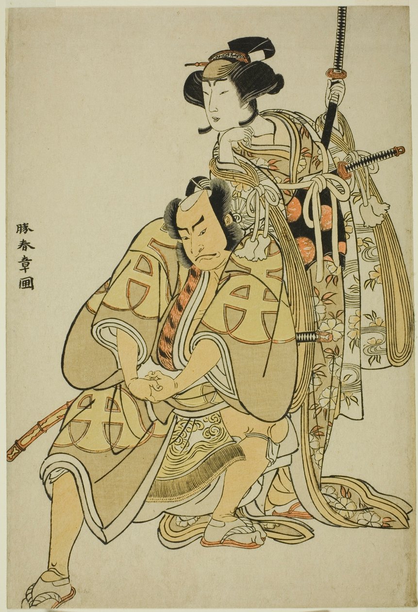 Los actores Nakamura Nakazo I como Hata Rokurozaemon disfrazado del sirviente del samurai (Yakko) Igaguri Hanehei (izquierda), y Nakamura Noshio I como la dama de compañía Koto no Naishi (derecha), en la secuencia de baile "Sodegasa Momiji no Tekuda" (Mang de Katsukawa Shunsho