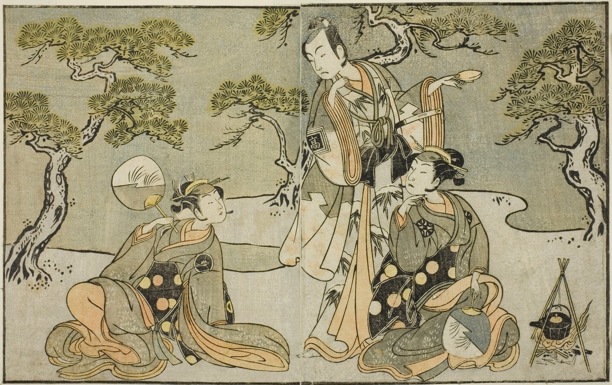 Los actores Nakamura Nakazo I como Matsukaze (derecha), Ichikawa Komazo II como Ariwara no Yukihira (centro), e Iwai Hanshiro IV como Murasame (izquierda), en la obra Kuni no Hana Ono no Itsumoji, representada en el Teatro Nakamura en el undécimo mes de 17 de Katsukawa Shunsho