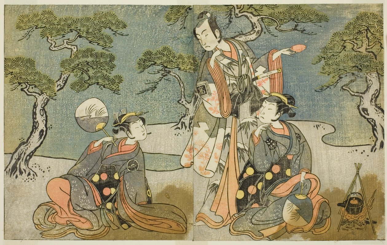 Los actores Nakamura Nakazo I como Matsukaze (derecha), Ichikawa Komazo II como Ariwara no Yukihira (centro), e Iwai Hanshiro IV como Murasame (izquierda), en la obra Kuni no Hana Ono no Itsumoji, representada en el Teatro Nakamura en el undécimo mes, 1771 de Katsukawa Shunsho