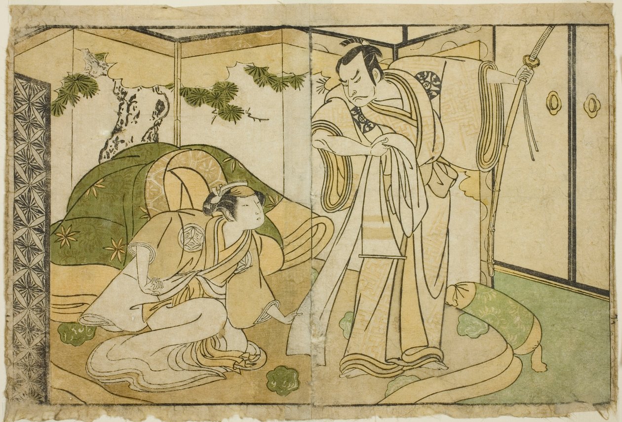 Los actores Nakamura Nakazo I como Taira no Kiyomori (derecha), y Yamashita Kinsaku II como Tokiwa Gozen (izquierda), en la obra Nue no Mori Ichiyo no Mato, representada en el Teatro Nakamura en el undécimo mes de 1770 de Katsukawa Shunsho