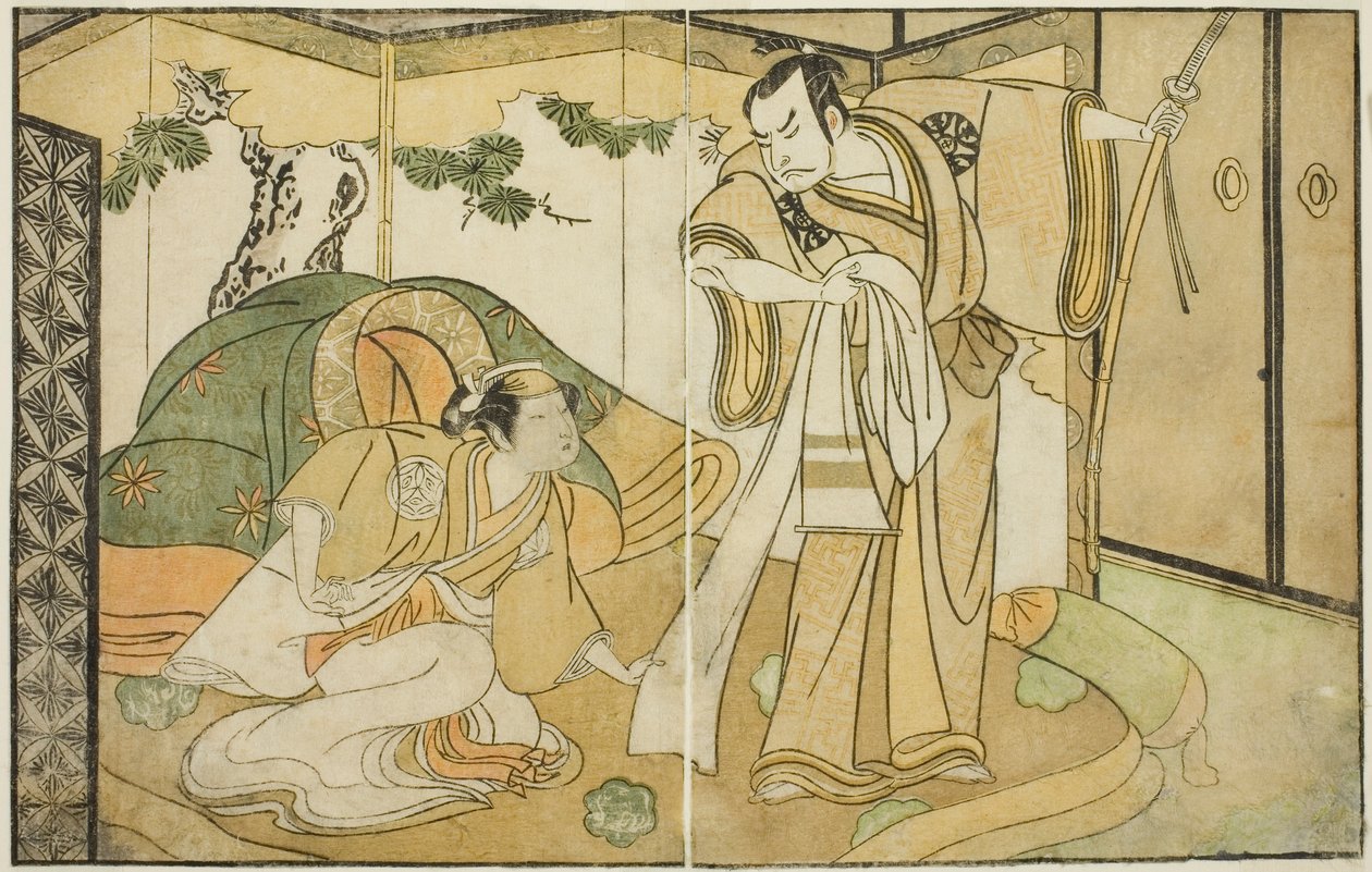 Los actores Nakamura Nakazo I como Taira no Kiyomori (derecha), y Yamashita Kinsaku II como Tokiwa Gozen (izquierda), en la obra Nue no Mori Ichiyo no Mato, representada en el Teatro Nakamura en el undécimo mes, 1770 de Katsukawa Shunsho