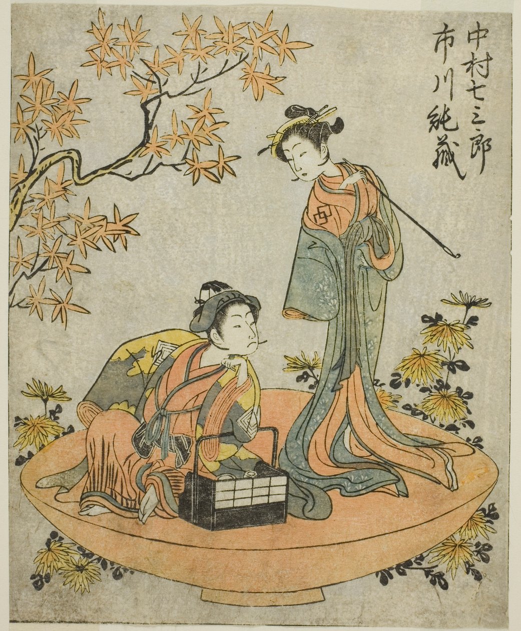 Los actores Nakamura Shichisaburo III (derecha) e Ichikawa Junzo I (izquierda), en la obra Nue no Mori Ichiyo no Mato, representada en el Teatro Nakamura en el undécimo mes de 1770 de Katsukawa Shunsho