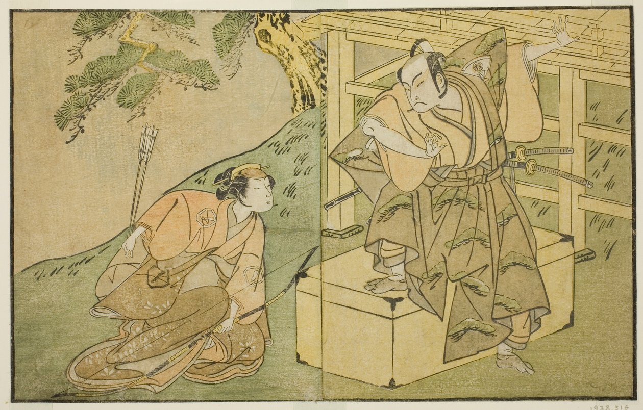 Los actores Onoe Matsusuke I como Akaboshi Taro (derecha) y Azuma Tozo II como Shirotae (izquierda), en la obra Kono Hana Yotsugi no Hachi no Ki, representada en el Teatro Ichimura en el undécimo mes de 1771 de Katsukawa Shunsho
