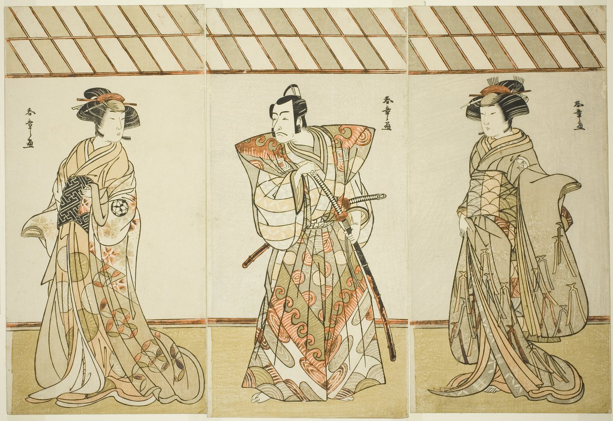 Los Actores Onoe Tamizo I como Nishikigi (?) o Otae (?) (derecha), Ichikawa Danjuro V como Miura Heidayu Kunitae (?) (centro), y Osagawa Tsuneyo II como Oyuki (?) (izquierda), en la Obra Date Nishiki Tsui no Yumitori (?), Representada en el Teatro Morita ( de Katsukawa Shunsho