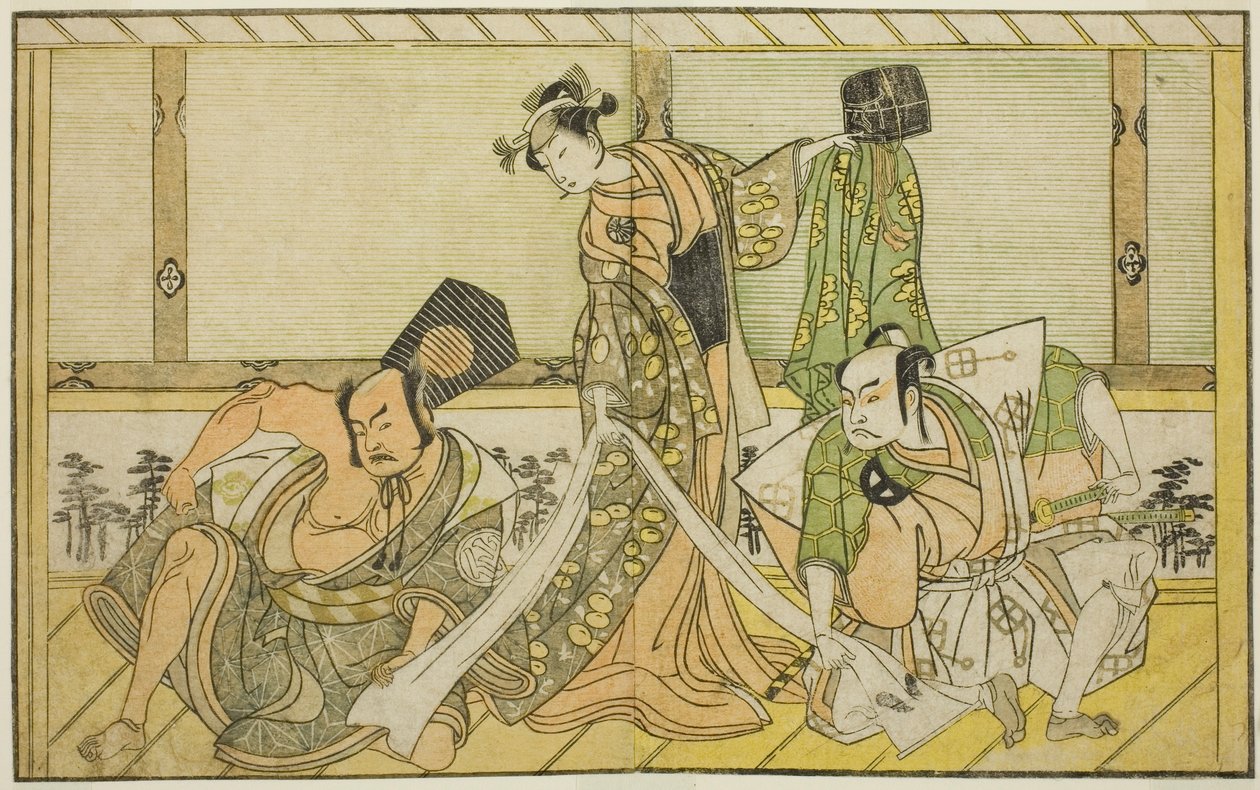 Los actores Otani Hiroji III como Kawazu no Saburo (derecha), Segawa Kikunojo II como la Princesa Tatsu (Tatsu Hime) (centro), y Nakamura Sukegoro II como Matano no Goro (izquierda), en la obra Myoto-giku Izu no Kisewata, representada en el Teatro Ichimura de Katsukawa Shunsho