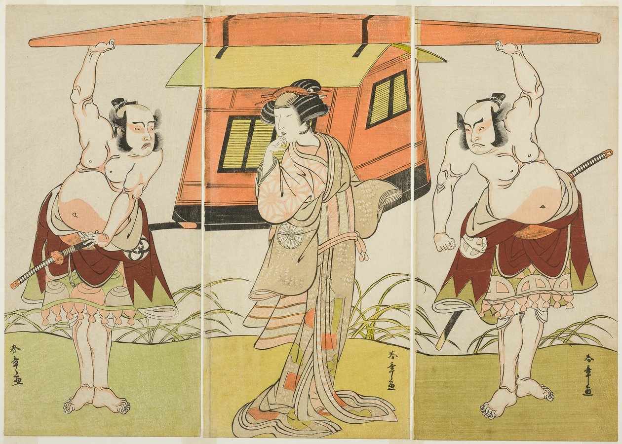 Los actores Otani Hiroji III como Yokambei (derecha), Nakamura Tomijuro I como Kuzunoha (centro), y Bando Mitsugoro I como Yakambei (izquierda), en la última escena de la obra Shinodazuma, representada como suplemento de la obra Kikyo-zom de Katsukawa Shunsho