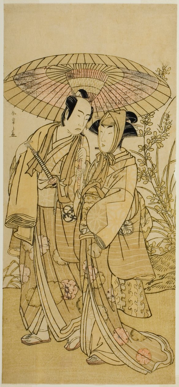Los actores Segawa Kikunojo III (derecha) como Ochiyo, y Bando Mitsugoro I (izquierda) como el verdulero Hambei, en la obra Kabuki no Hana Bandai Soga, representada en el Teatro Ichimura en el cuarto mes, 1781 de Katsukawa Shunsho