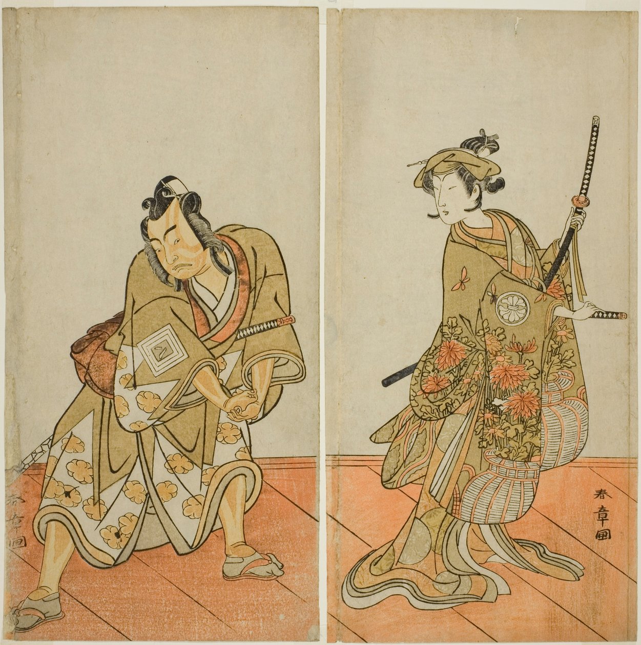 Los actores Segawa Kikunojo III como Aigo no Waka (derecha), e Ichikawa Yaozo II como Hachio-maru Aratora (izquierda), en la obra Chigo Sakura Jusan Kane, representada en el Teatro Ichimura en el undécimo mes de 1774 de Katsukawa Shunsho