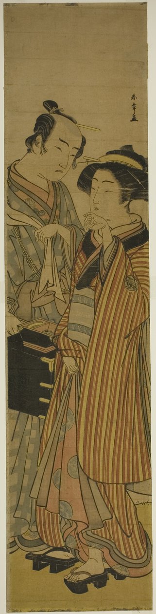 Los actores Segawa Kikunojo III como Okoma (derecha), y Arashi Sangoro III como el peluquero Obana Saizaburo (izquierda), en la obra Koi Musume Mukashi Hachijo, representada en el Teatro Nakamura en el tercer mes, 1776 de Katsukawa Shunsho