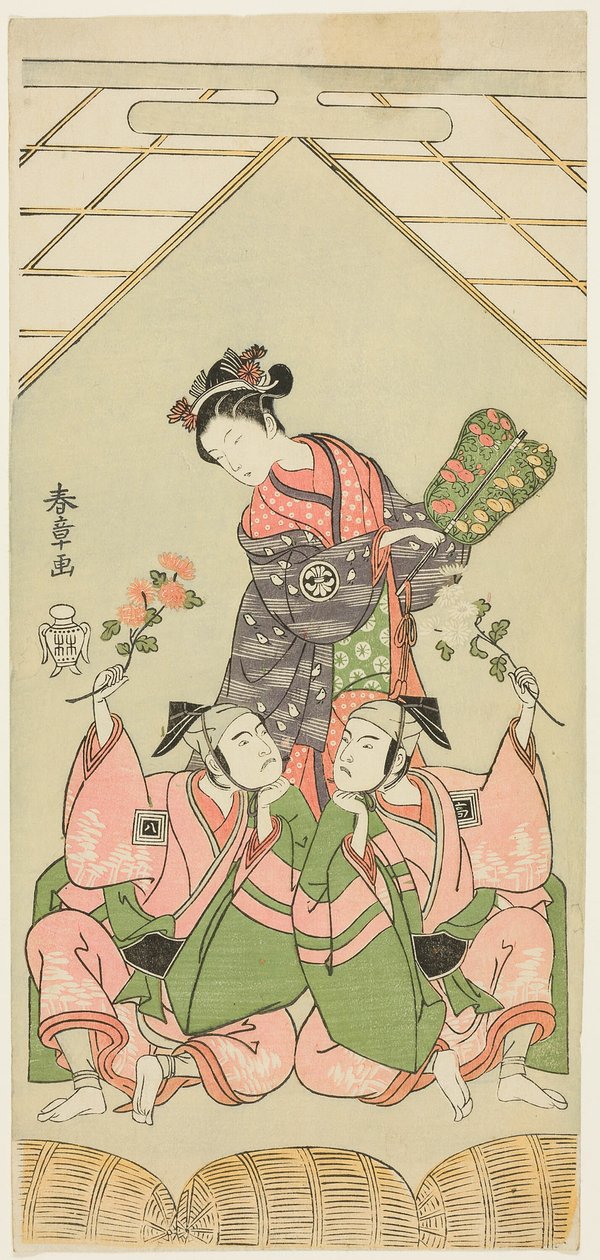 Los actores Segawa Kikunojo II como la nodriza Reizei, Ichikawa Komazo I como Suruga no Hachiro en la apariencia del jugador de shamisen Kichiroku (derecha), e Ichikawa Yaozo II como Tada no Kurando en la apariencia del portador de palanquín Kichinai (izqu de Katsukawa Shunsho