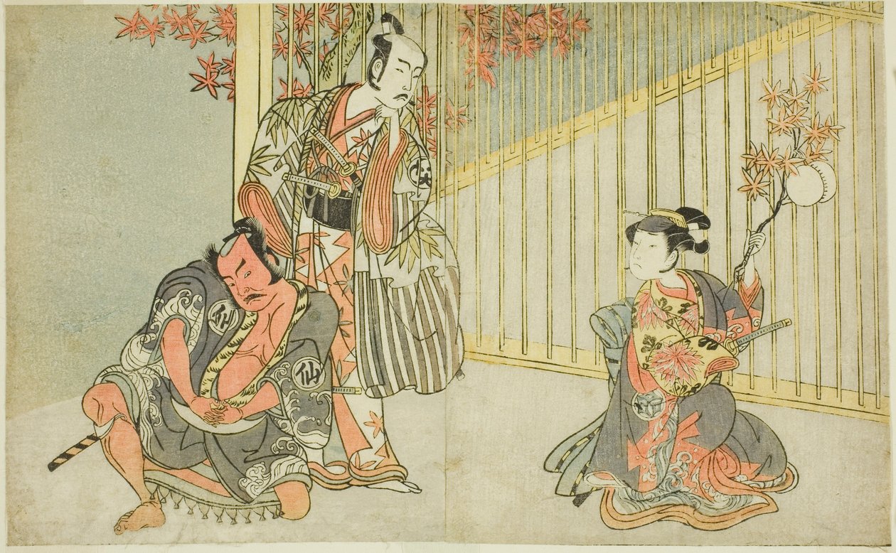 Los actores Yamashita Kinsaku II como Mutsuhana (derecha), Bando Mitsugoro I como Kashiwagi no Emon (centro), y Nakamura Sukegoro II como Akamatsu Mushanosuke (izquierda), en la obra Fuki Kaete Tsuki mo Yoshiwara de Katsukawa Shunsho