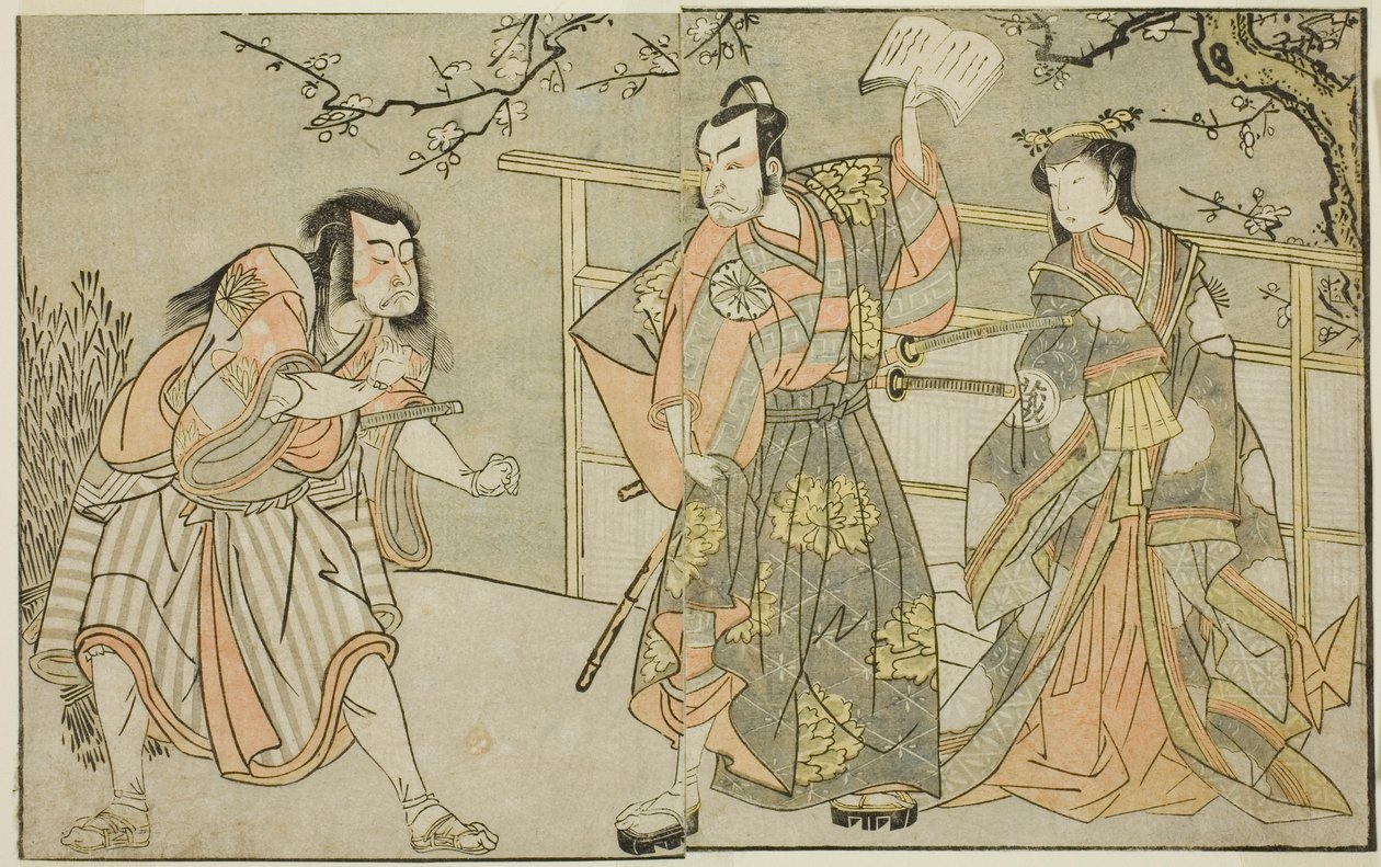 Los actores Yamashita Yaozo I como Ono no Komachi (derecha), Matsumoto Koshiro II como Godai Saburo (centro), e Ichikawa Danzo III como Otomo no Kuronushi (izquierda), en la obra "Kuni no Hana Ono no Itsumoji," representada en el Teatro Nakamura en el undé de Katsukawa Shunsho